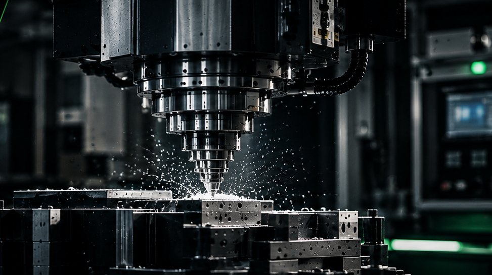 CNC-freeskop in actie, met koelvloeistof die rond het werkstuk spat